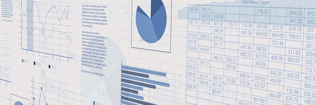 3D rendering of sheets with financial data and charts